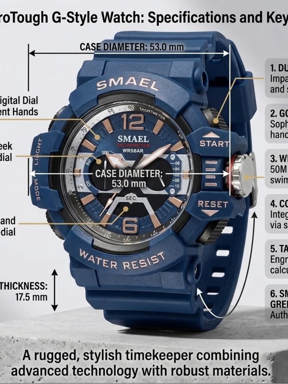 Smael Blue Sports Smartwatch with Rose-Gold Accents